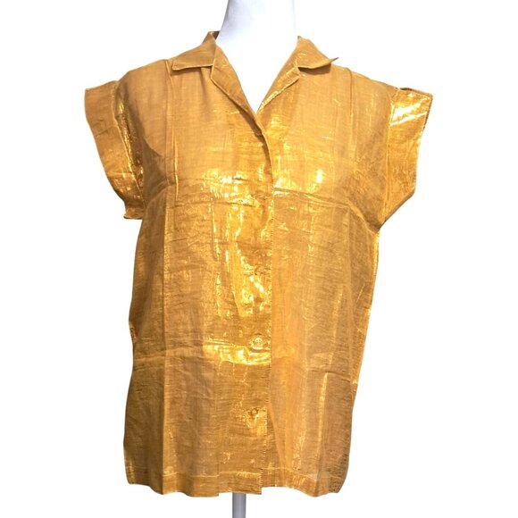 Vintage Golden Yellow Top Womens Size 3 Metallic Button Up Short Sleeve Shirt by - Picture 4 of 10